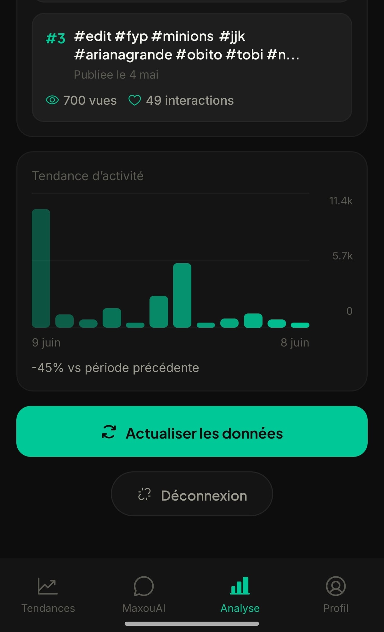 La tendance d’activité dans l’app, avec le bouton Actualiser