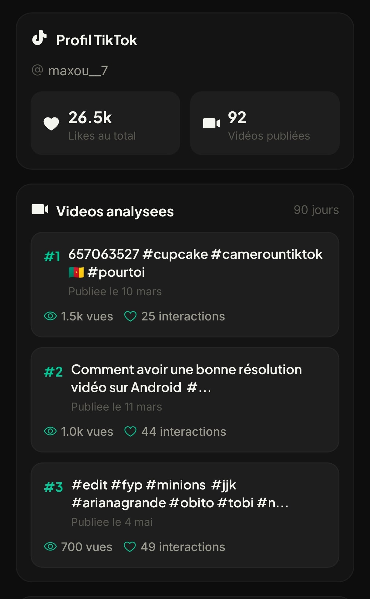 Classement des vidéos analysées avec vues et interactions