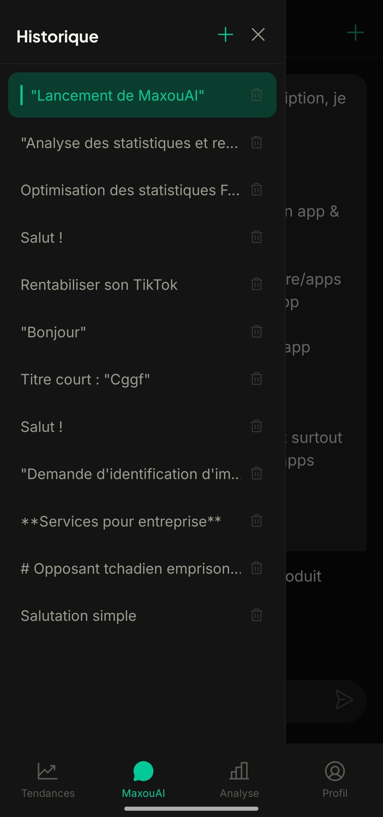 L’historique des conversations MaxouAI, titrées automatiquement