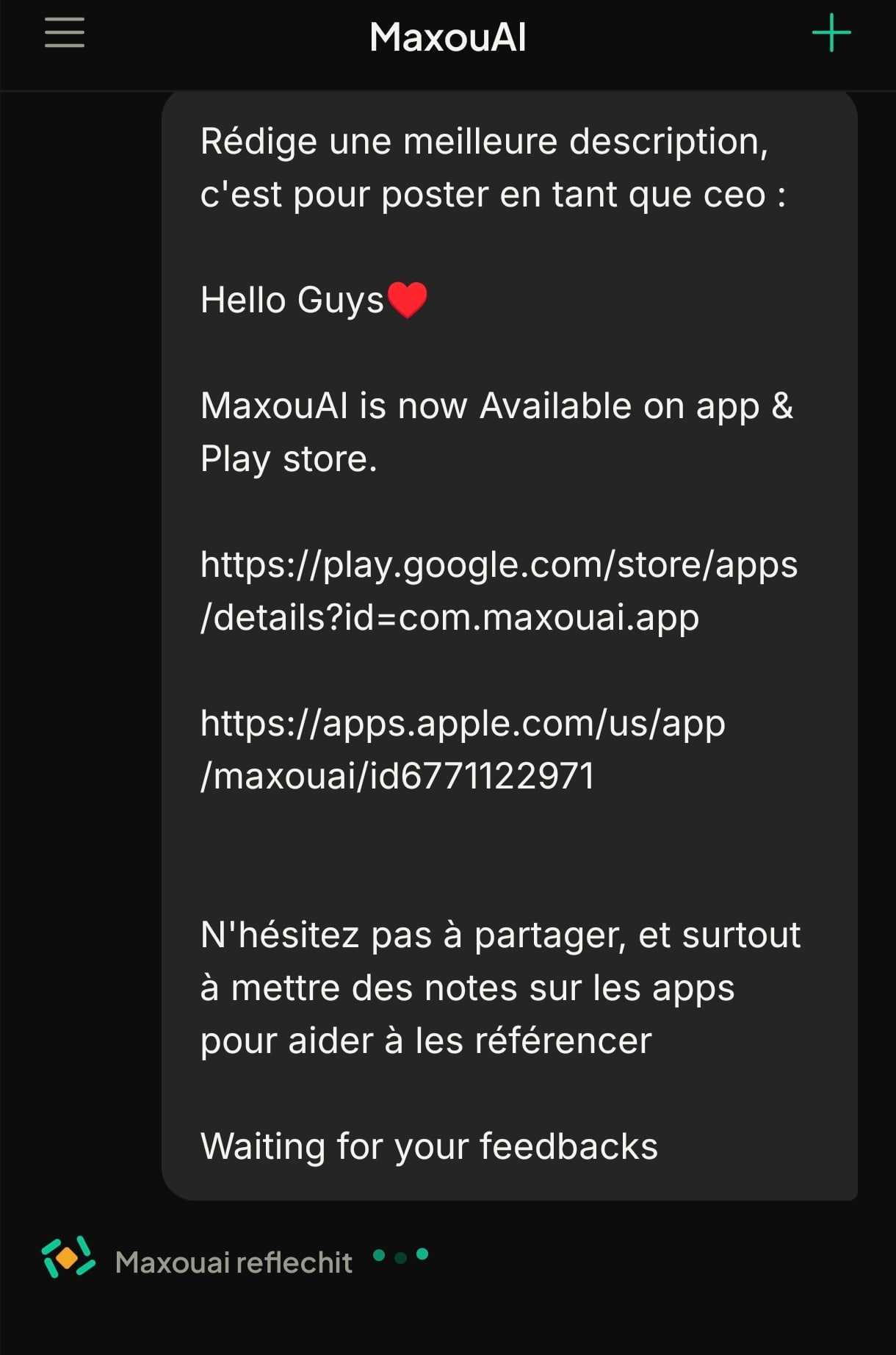 L’utilisateur écrit son idée à MaxouAI, qui réfléchit