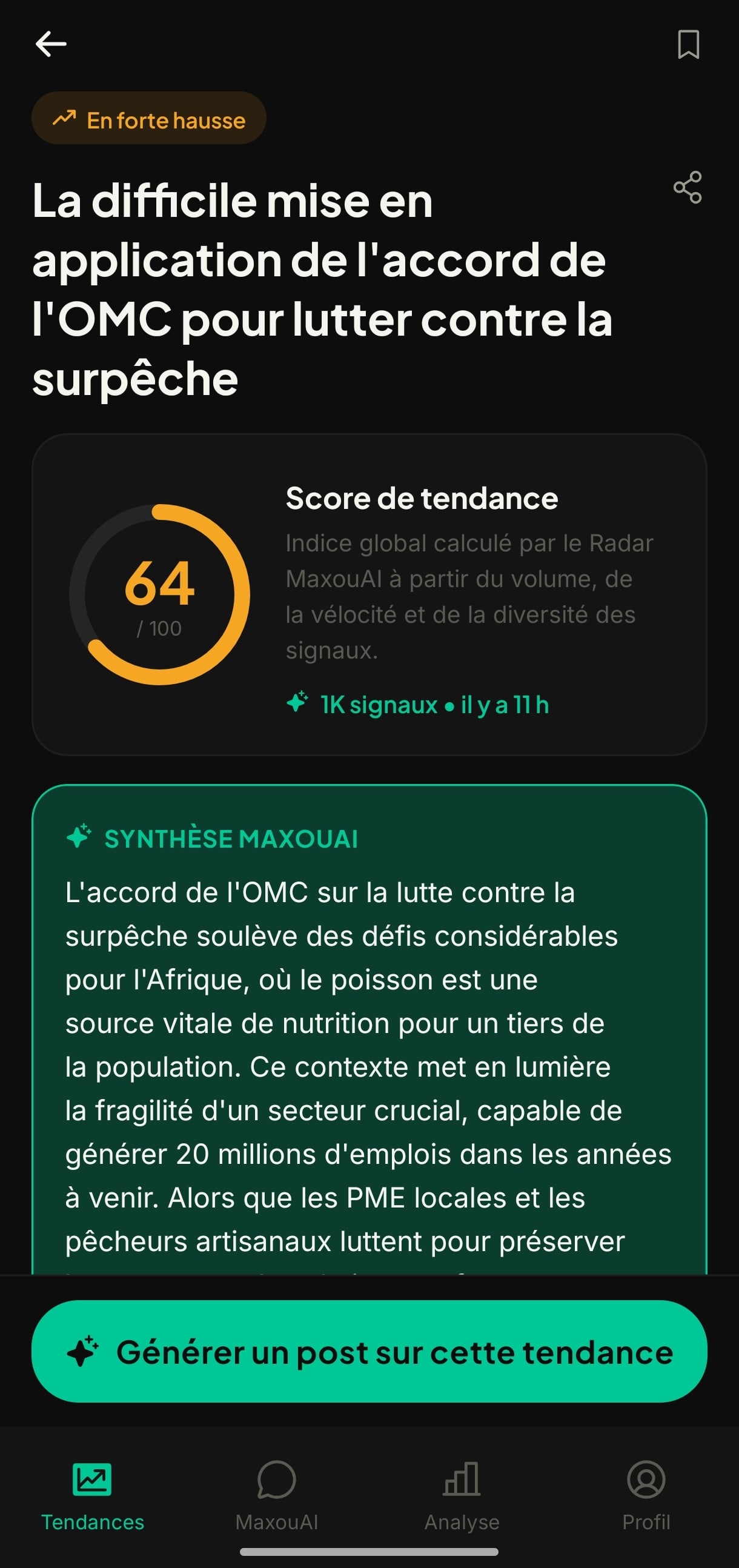 Une tendance du Radar avec le bouton Générer un post
