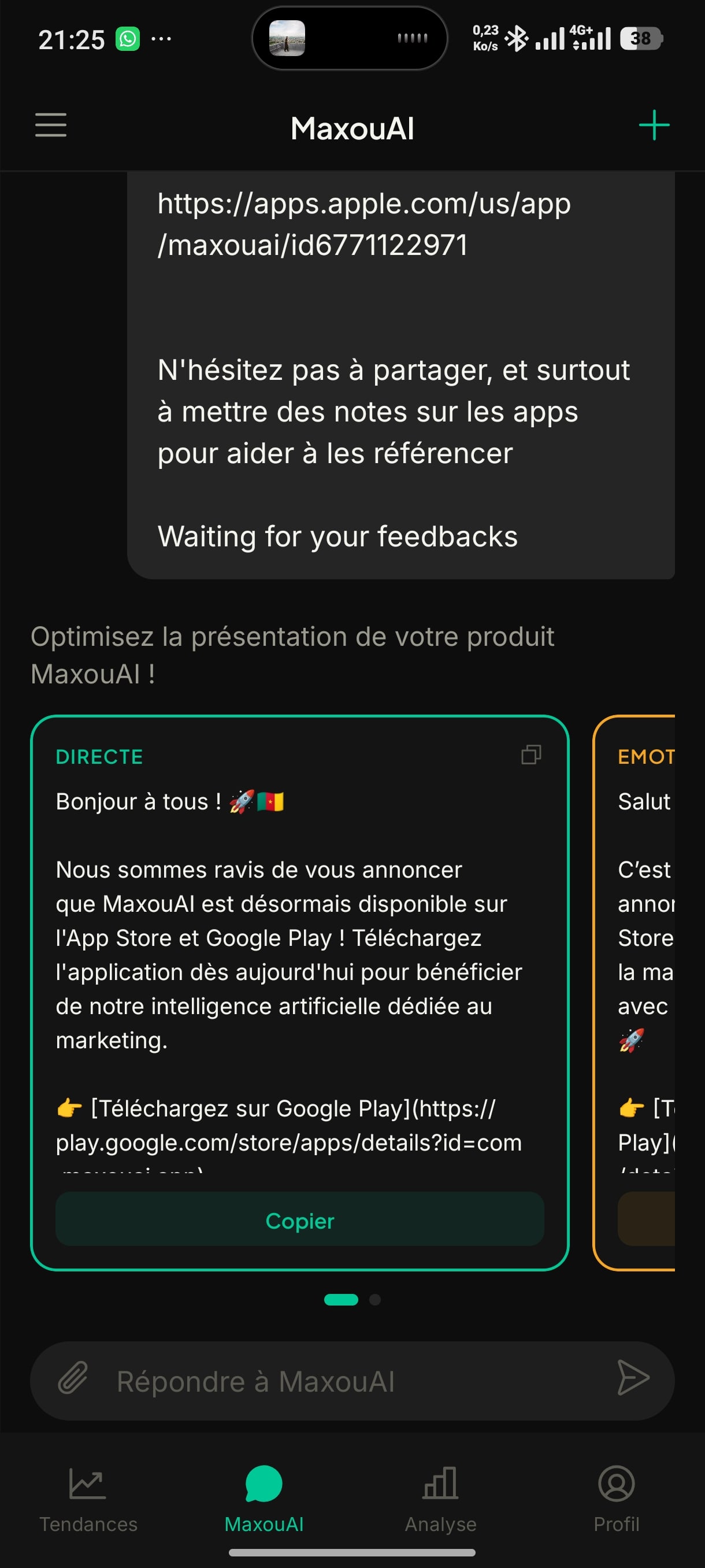 La version Directe générée par MaxouAI, avec bouton Copier
