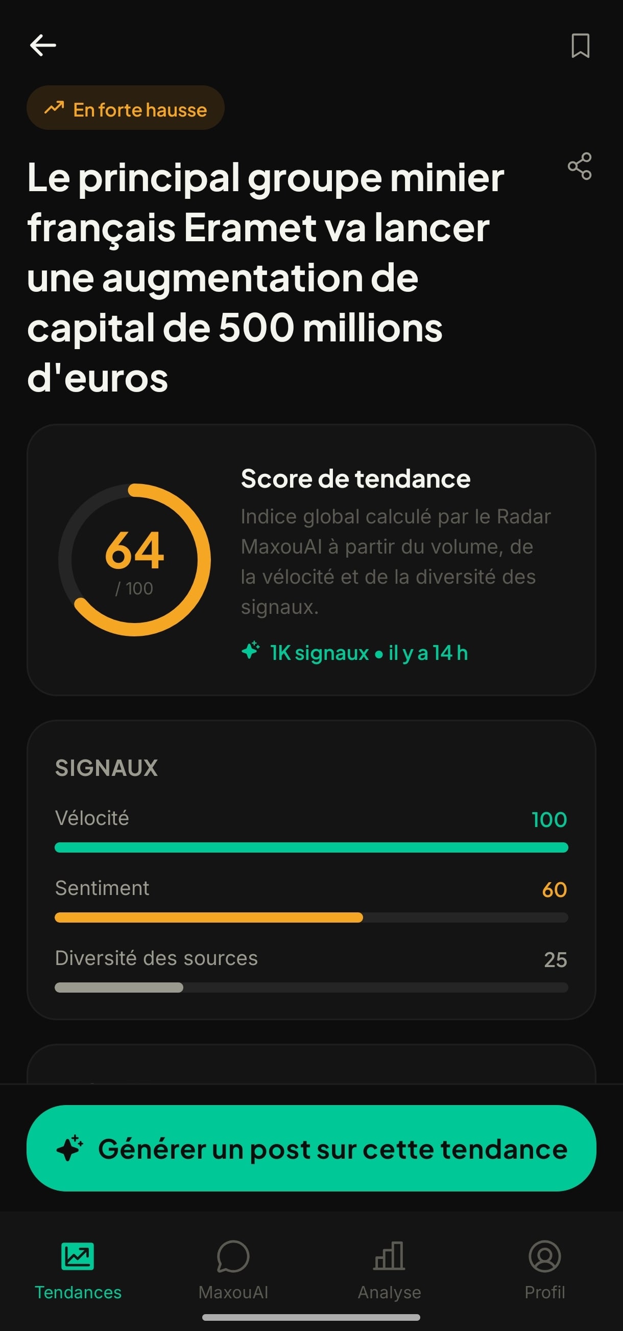 La page détail d'une tendance avec le bouton Générer un post
