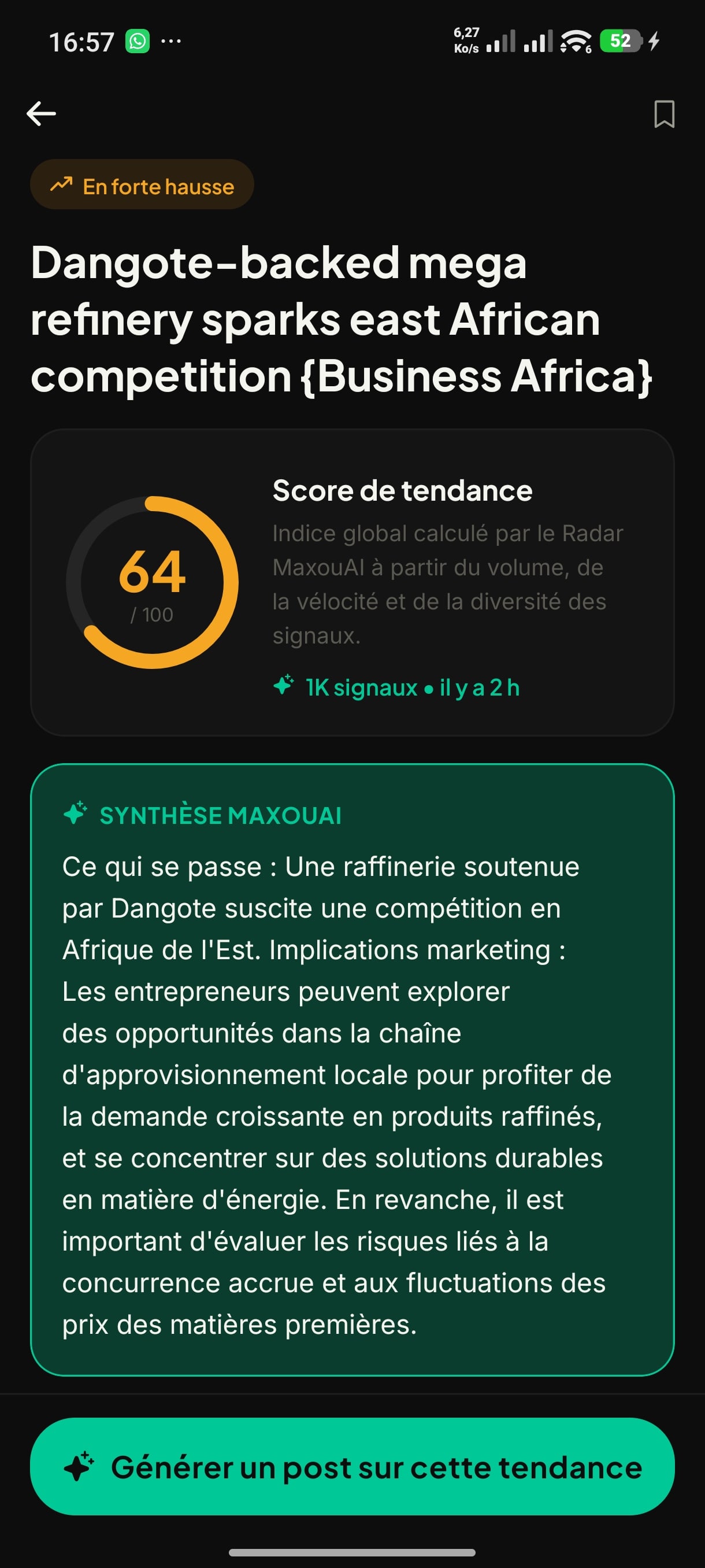 La carte Synthèse Maxouai sur la page détail d'une tendance