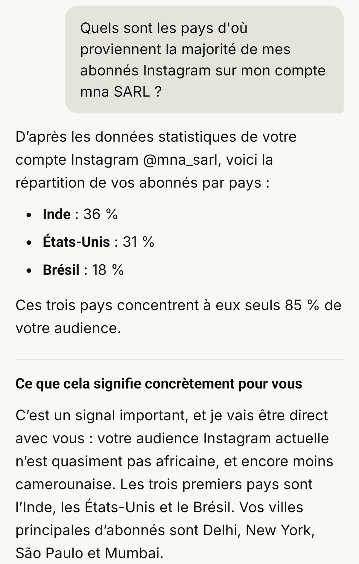 Question à Maxouai sur les pays des abonnés Instagram. Réponse : Inde 36 %, États-Unis 31 %, Brésil 18 %, et ce que cela signifie pour le compte