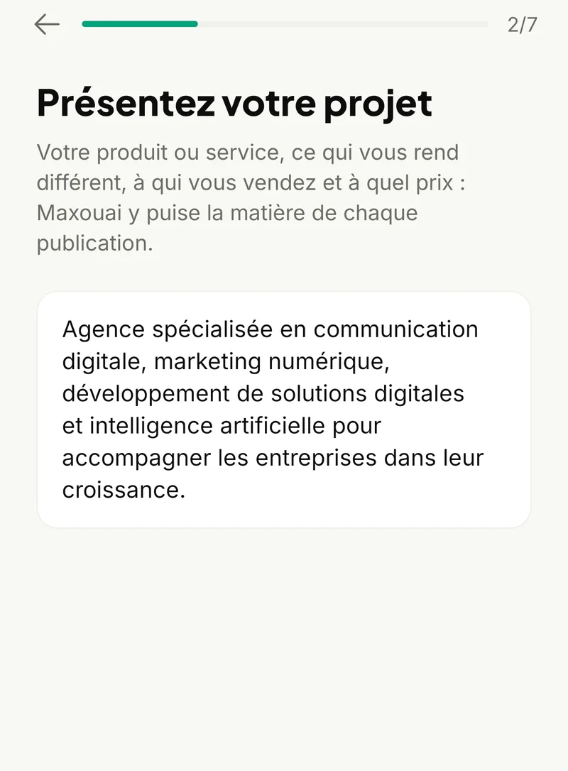 Étape 2 sur 7 : Présentez votre projet, avec la description d’une agence de communication digitale