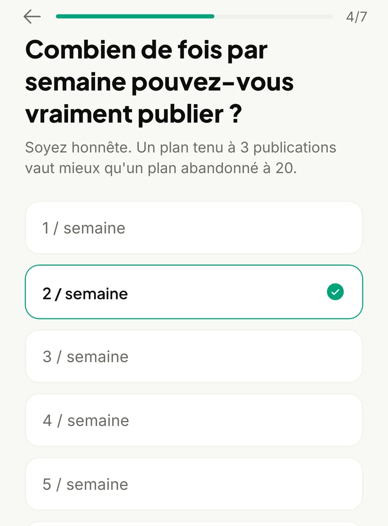 Étape 4 sur 7 : Combien de fois par semaine pouvez-vous vraiment publier ? 2 par semaine est choisi