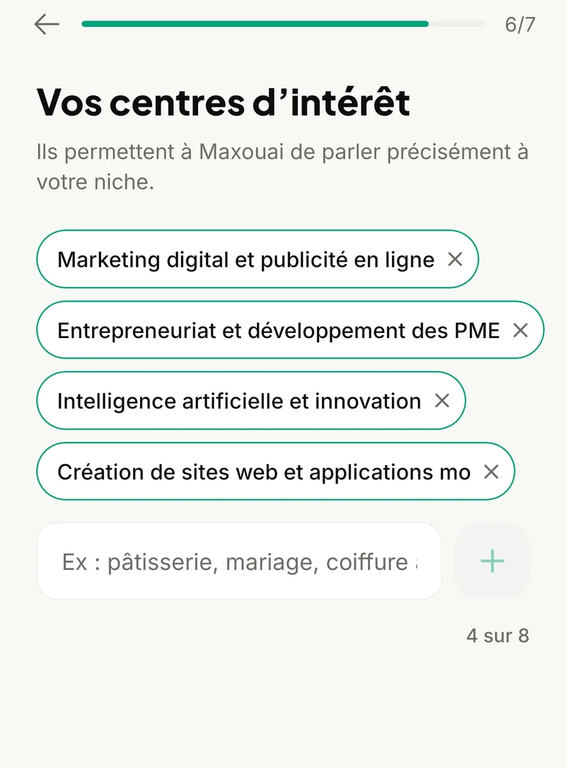 Étape 6 sur 7 : quatre centres d’intérêt, dont le marketing digital et l’intelligence artificielle
