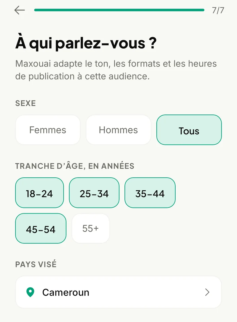 Étape 7 sur 7 : À qui parlez-vous ? Tous, de 18 à 54 ans, au Cameroun, puis le bouton Générer ma stratégie