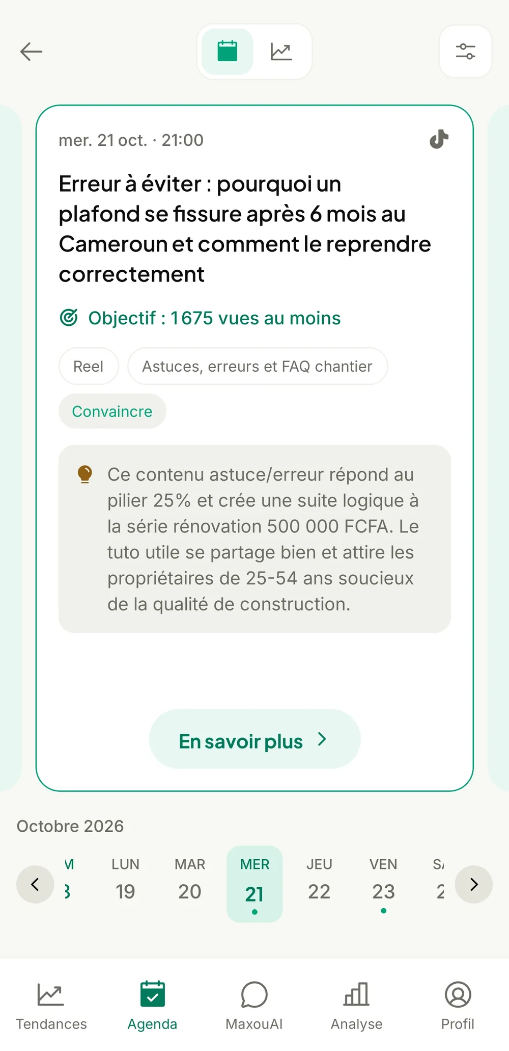 L’Agenda sur mercredi 21 octobre à 21 h : une publication TikTok sur un plafond qui se fissure, objectif 1 675 vues au moins, format Reel, rôle Convaincre, et la bande des jours