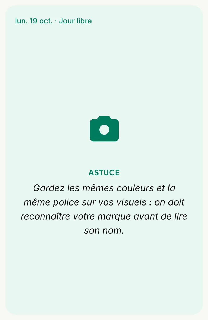 Jour libre, astuce : gardez les mêmes couleurs et la même police sur vos visuels
