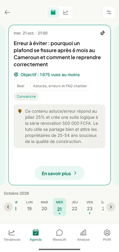 L’Agenda Maxouai : une publication TikTok du mercredi 21 octobre à 21 h, avec son objectif de 1 675 vues, son format, son rôle et la raison du contenu