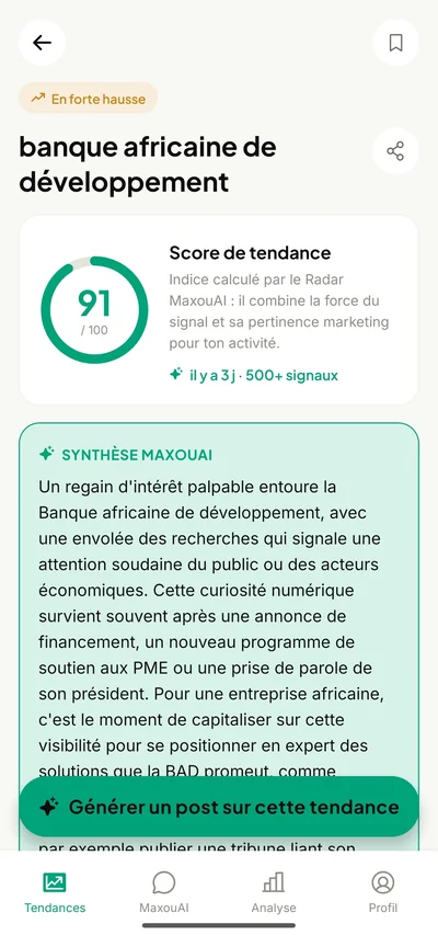 Le détail d'une tendance : score 91 sur 100, synthèse rédigée et bouton pour générer un post