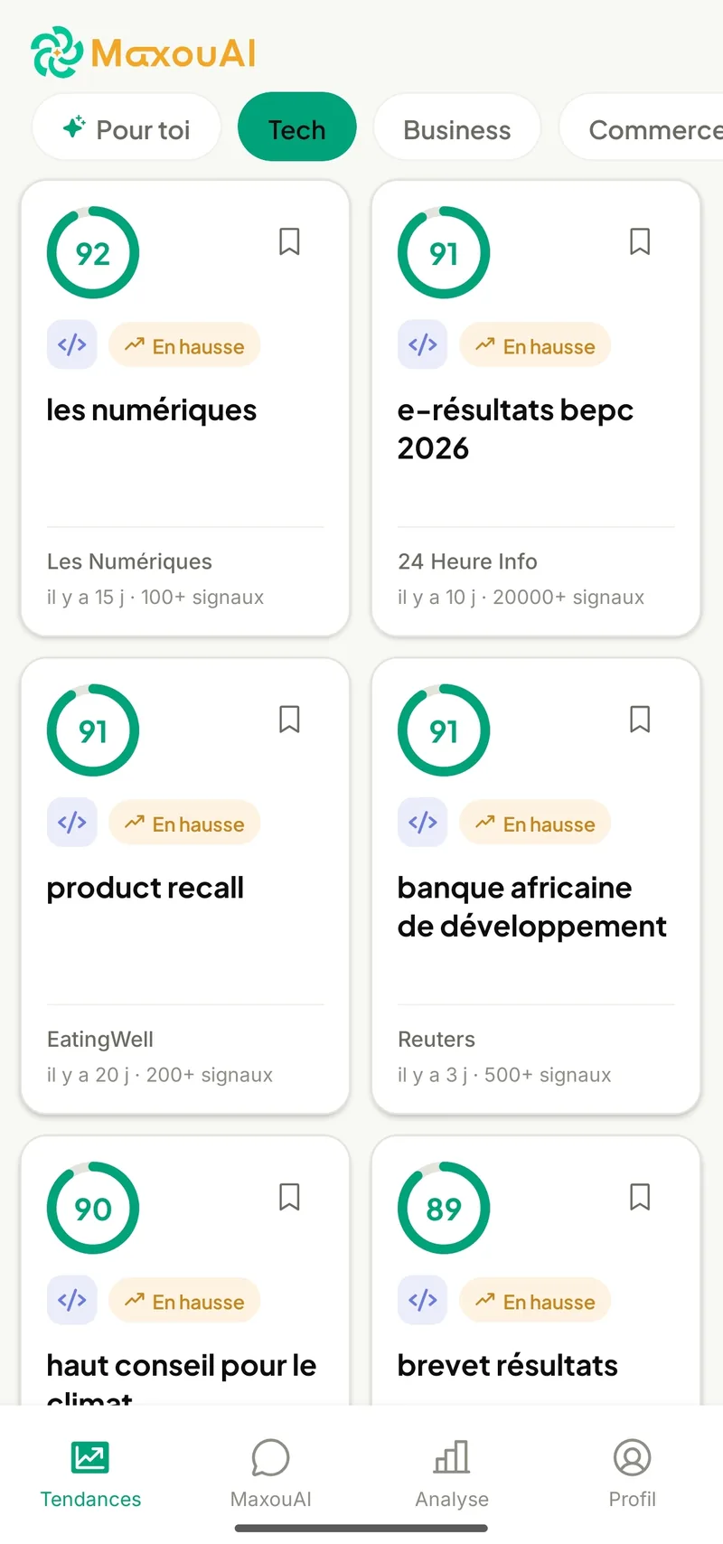Fil du Radar : tendances scorées 92, 91, 90 avec catégories